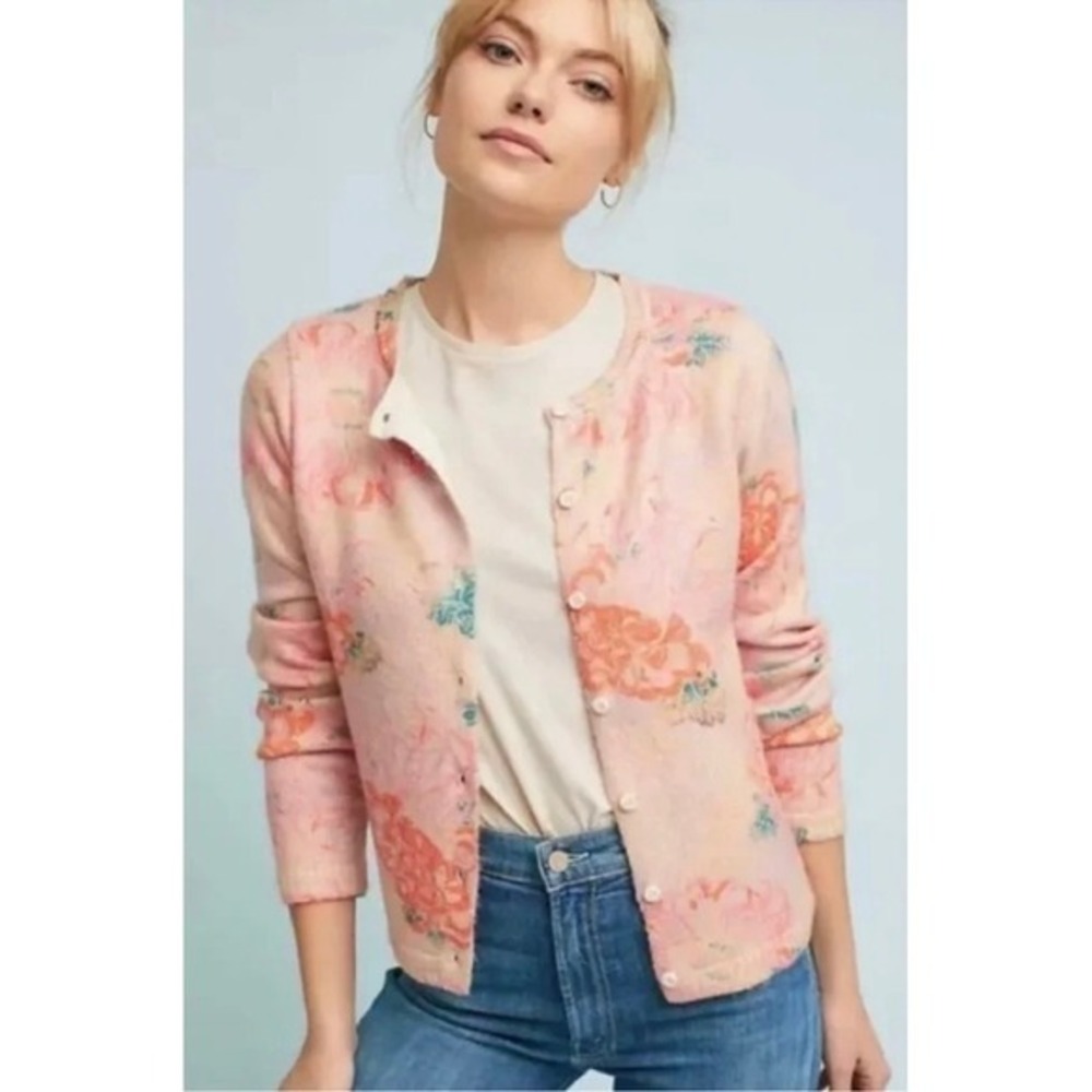 Anthropologie POSTMARK Devon Floral Cardigan Sweater Pink Knitwear Buttons Small